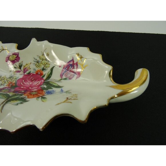 Vintage Dresden Style Leaf Dish Lot of 2 Hand Painted Floral Flowers Gold Trim - Picture 10 of 16